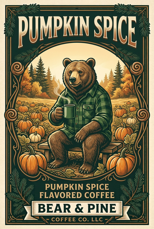 Bear & Pine Pumpkin Spice artwork featuring a flannel-clad bear drinking coffee on a bench in a pumpkin patch.
