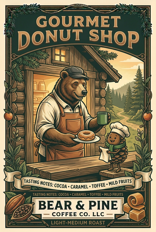 Bear & Pine Gourmet Donut Shop light-medium roast artwork showing a bear serving coffee and a donut with pinecone Buddy helping at a woodland bakery, framed by cocoa, caramel, toffee and mild-fruit tasting-note illustrations.