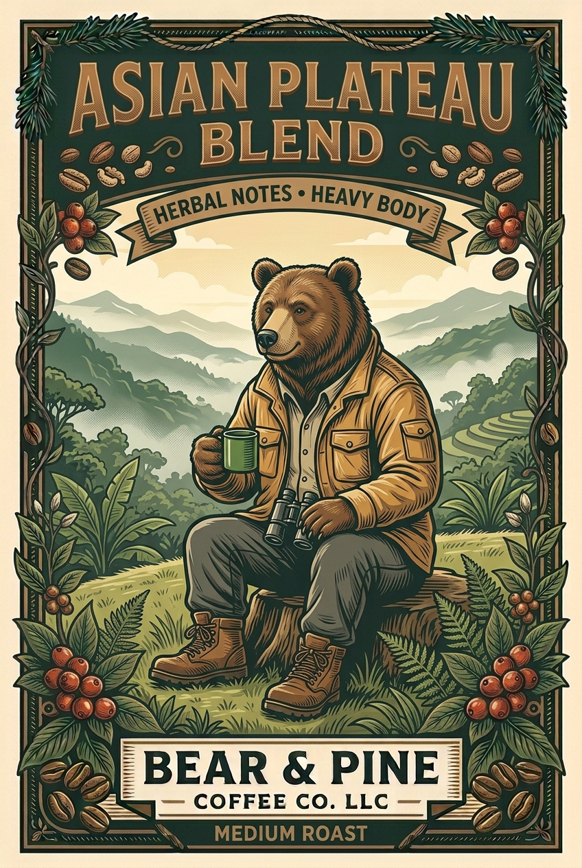 Bear & Pine Asian Plateau Blend medium roast artwork featuring a bear in an ochre jacket at a misty highland overlook, labeled Herbal Notes and Heavy Body.