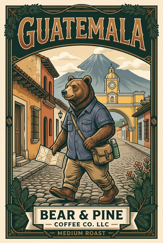Bear & Pine Guatemala medium roast coffee artwork featuring a bear exploring Antigua with a map and satchel, with the yellow arch and volcano beyond.