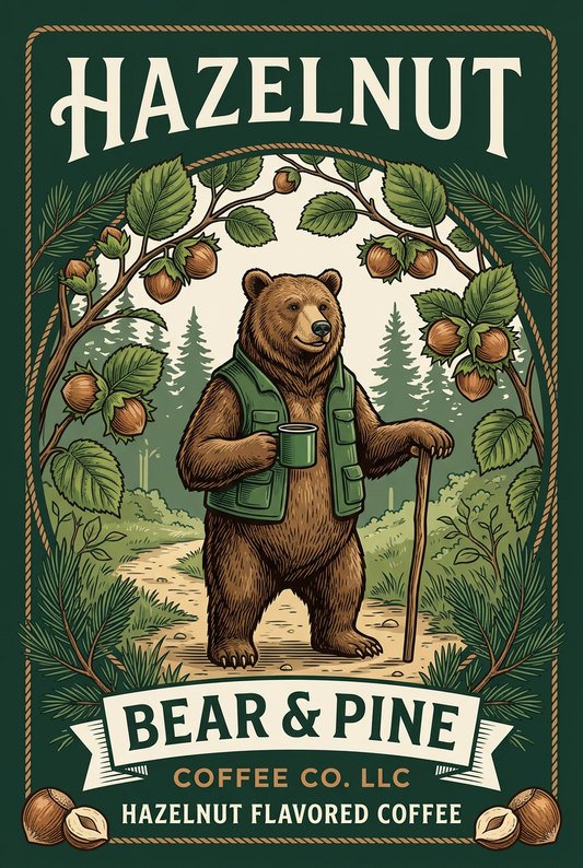 Bear & Pine Hazelnut flavored coffee artwork featuring a bear holding a coffee mug and walking stick on a woodland trail beneath hazel branches.