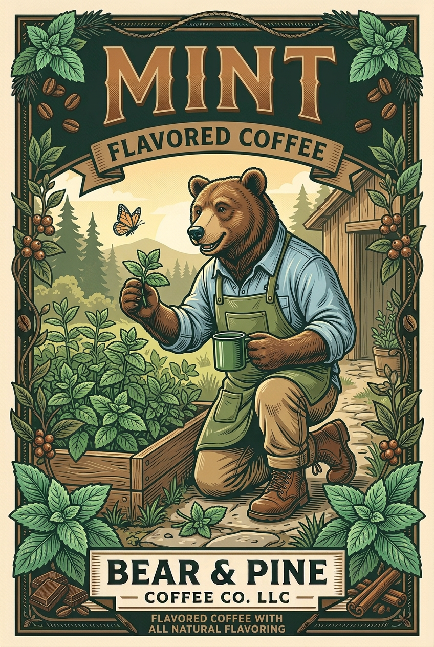 Bear & Pine Mint flavored coffee artwork showing a bear tending mint in a woodland herb garden while holding a green coffee mug.