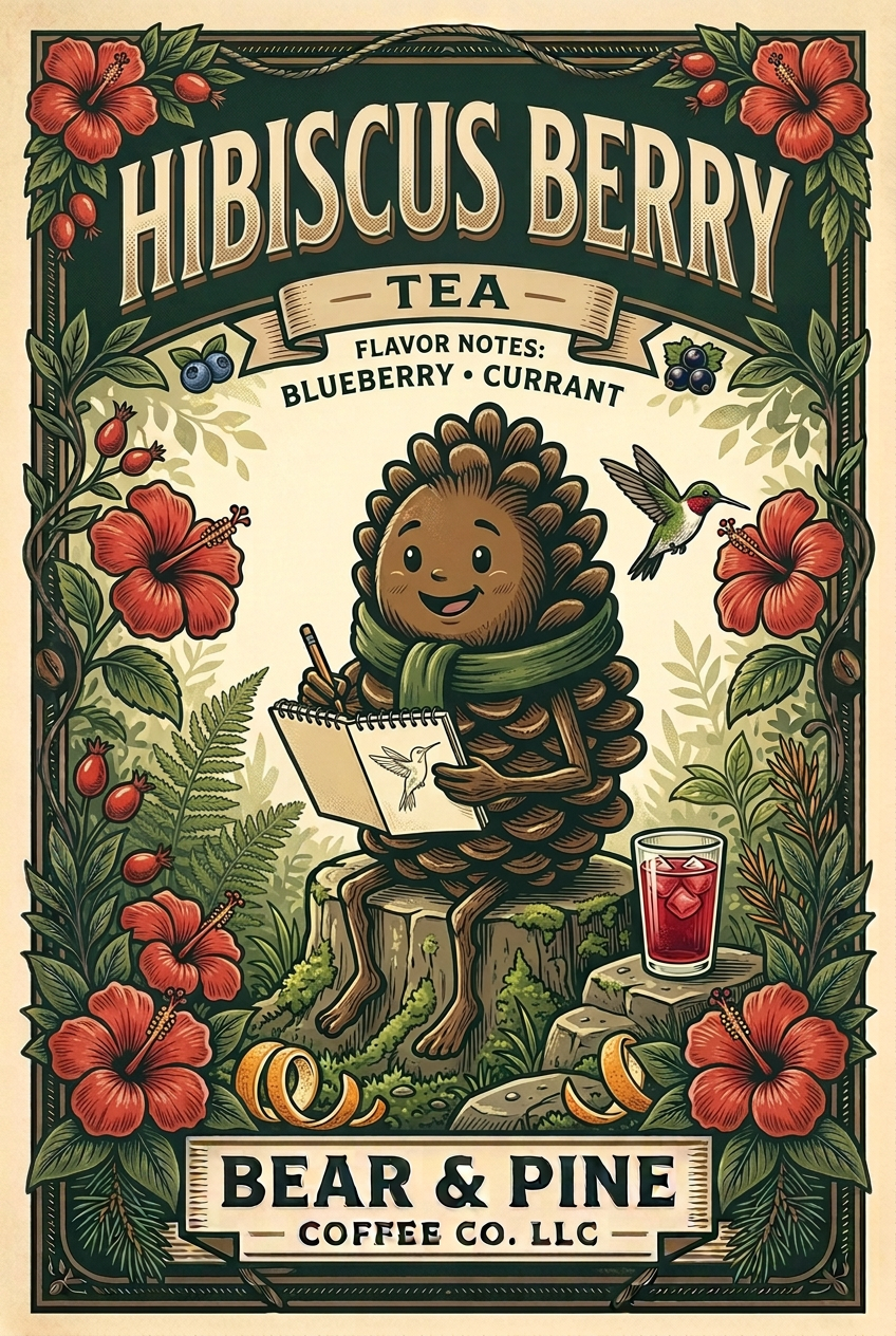 Pine sketching a hummingbird among hibiscus flowers with ruby-red iced tea nearby, blueberry and currant flavor notes, and Bear & Pine branding.