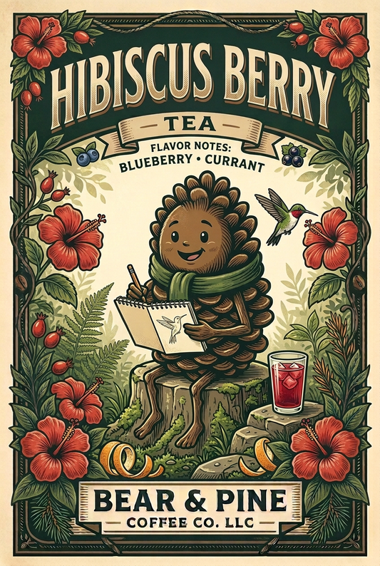 Pine sketching a hummingbird among hibiscus flowers with ruby-red iced tea nearby, blueberry and currant flavor notes, and Bear & Pine branding.