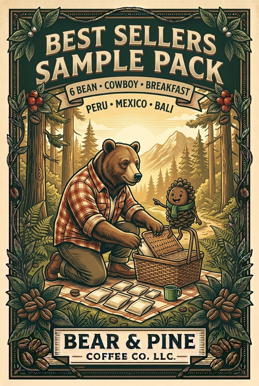 Bear and Pine unpacking a woodland coffee picnic, with six sample pouches and the Best Sellers assortment names: 6 Bean, Cowboy, Breakfast, Peru, Mexico and Bali.