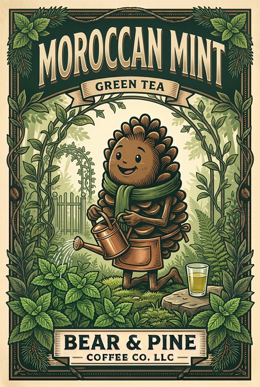 Pine wearing a gardening apron watering mint with a copper watering can, with a glass of tea nearby and Bear & Pine Moroccan Mint Green Tea lettering.
