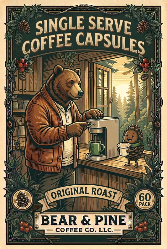 Bear brewing coffee at a woodland cabin window while Pine carries a coffee capsule, with Bear & Pine Original Roast and 60 Pack lettering.