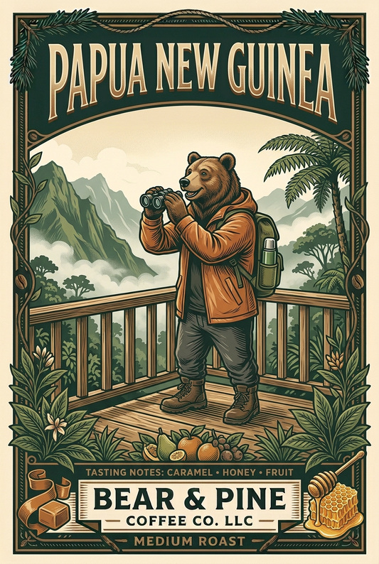 Bear & Pine Papua New Guinea medium roast coffee artwork featuring a bear with binoculars at a misty highland lookout, framed by caramel, honey and fruit tasting-note illustrations.