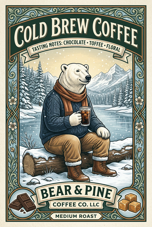 Bear & Pine Cold Brew Coffee medium roast artwork featuring a polar bear in a navy sweater and rust scarf holding iced coffee beside a snowy alpine lake, with chocolate, toffee and floral tasting-note illustrations.