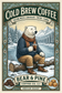 Bear & Pine Cold Brew Coffee medium roast artwork featuring a polar bear in a navy sweater and rust scarf holding iced coffee beside a snowy alpine lake, with chocolate, toffee and floral tasting-note illustrations.