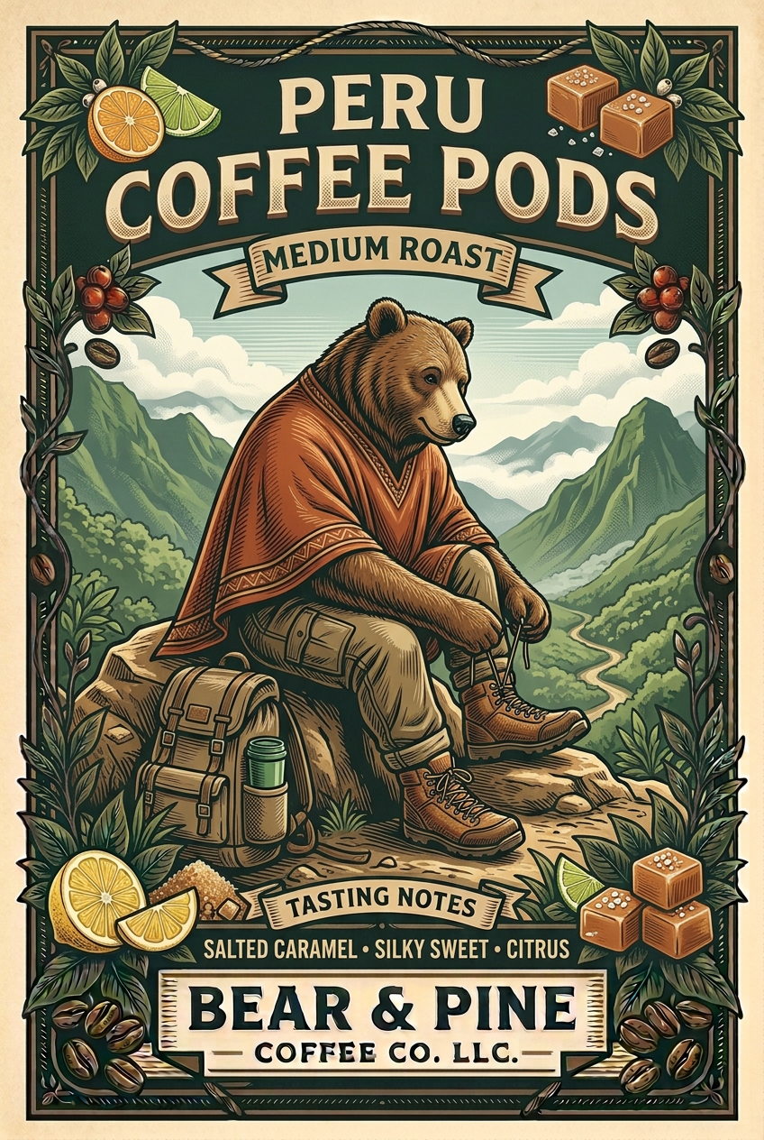 Bear in a copper poncho tying hiking boots in the Peruvian mountains, with salted caramel and citrus tasting-note illustrations and Bear & Pine Peru Coffee Pods branding.