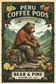 Bear in a copper poncho tying hiking boots in the Peruvian mountains, with salted caramel and citrus tasting-note illustrations and Bear & Pine Peru Coffee Pods branding.