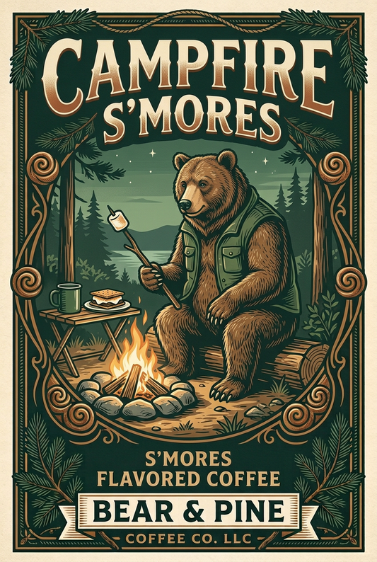 Bear & Pine Campfire S’mores artwork featuring a bear toasting a marshmallow beside a campfire, with coffee and a s’more on a side table.