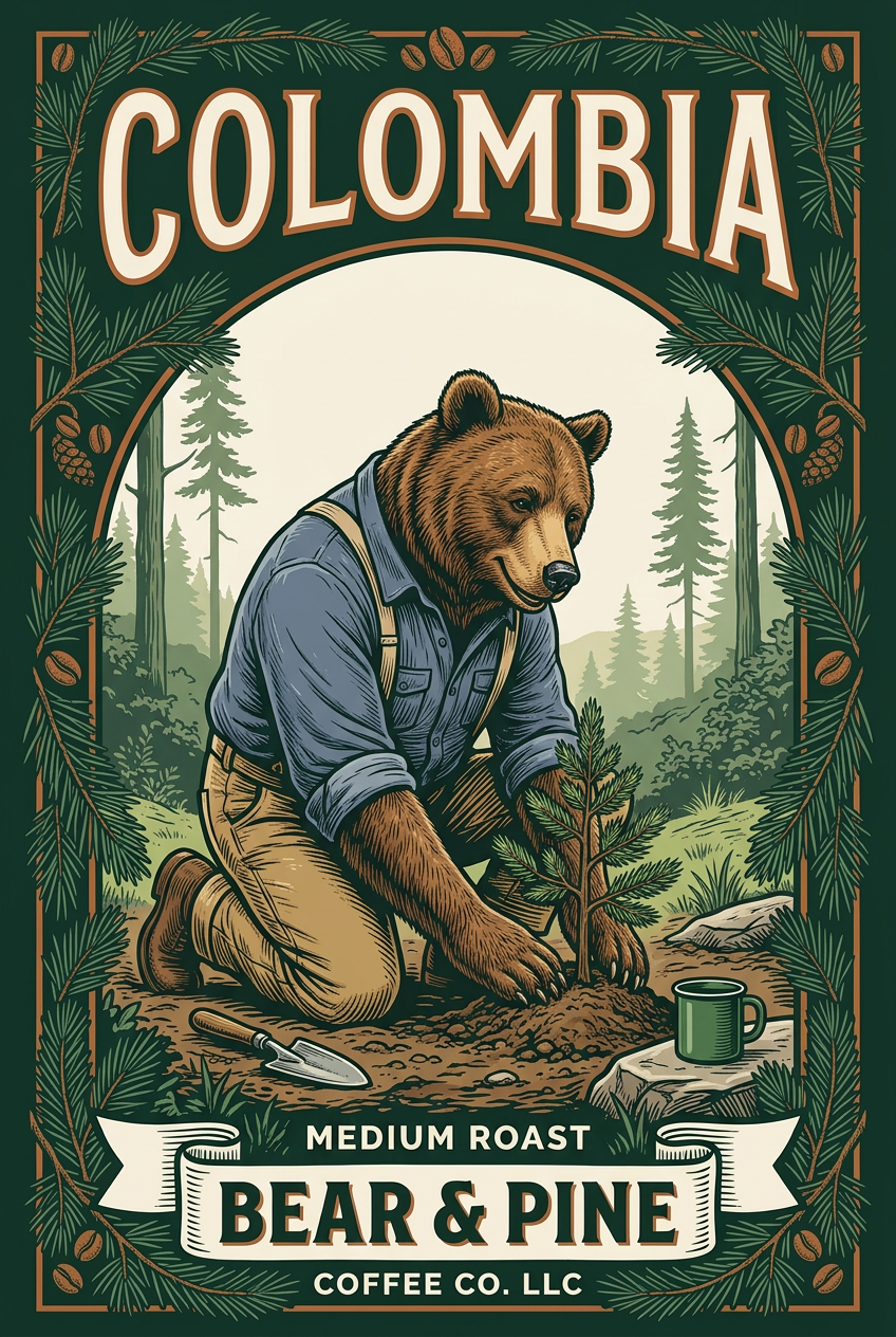Bear & Pine Colombia medium roast coffee artwork featuring a bear in an indigo shirt and suspenders planting a young pine tree, with coffee nearby.