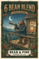 Bear & Pine 6 Bean Blend dark roast house blend artwork featuring a bear with a brass telescope outside a mountain cabin under a crescent moon, framed by coffee branches and beans.