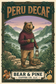 Bear & Pine Peru Decaf medium roast artwork featuring a bear in a burgundy sweater carrying coffee and a lantern at an Andean twilight overlook, with caramel and citrus tasting-note illustrations.