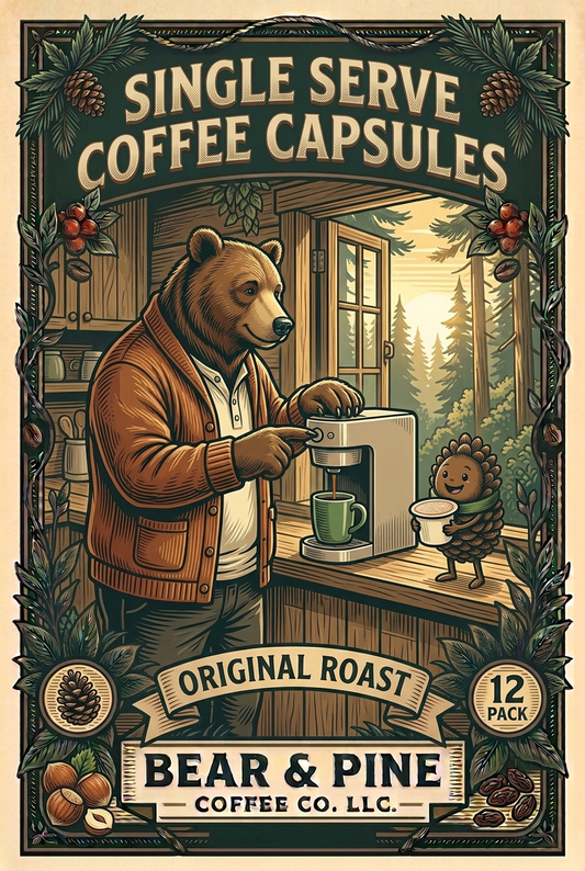 Bear brewing coffee at a woodland cabin window while Pine carries a coffee capsule, with Bear & Pine Original Roast and 12 Pack lettering.
