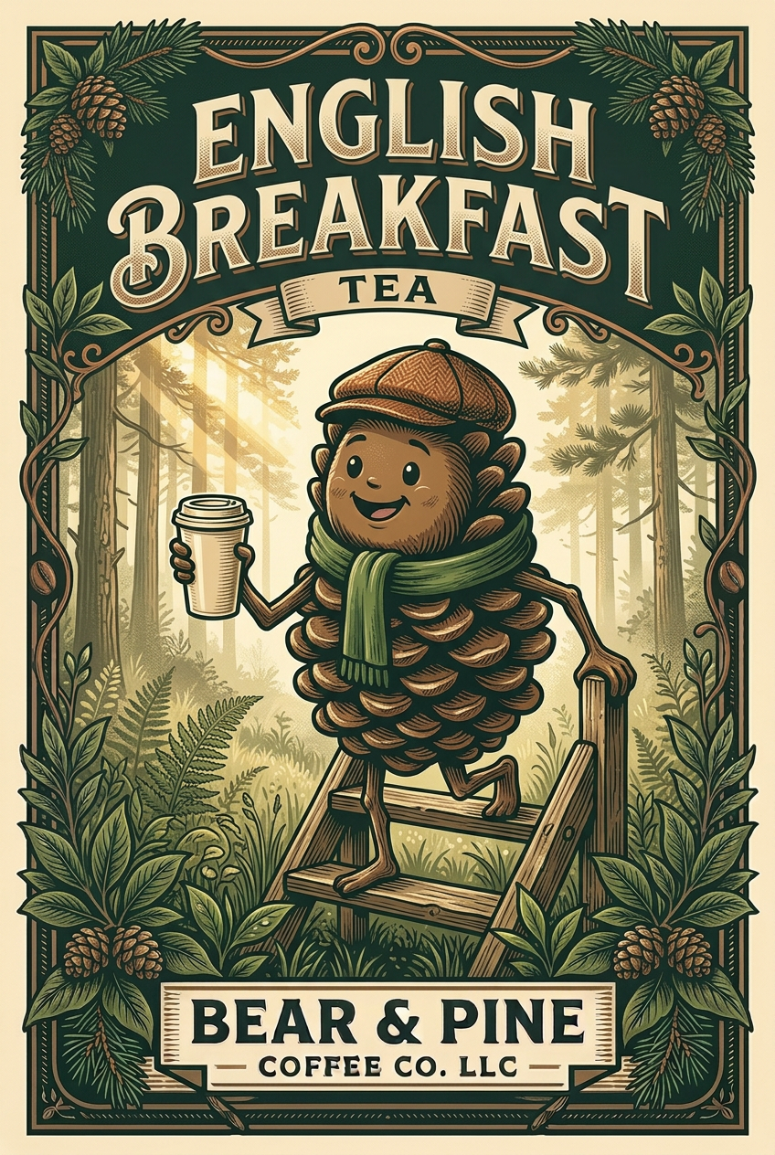Pine wearing a tweed flat cap and carrying tea over a woodland stile at sunrise, with Bear & Pine English Breakfast Tea lettering.