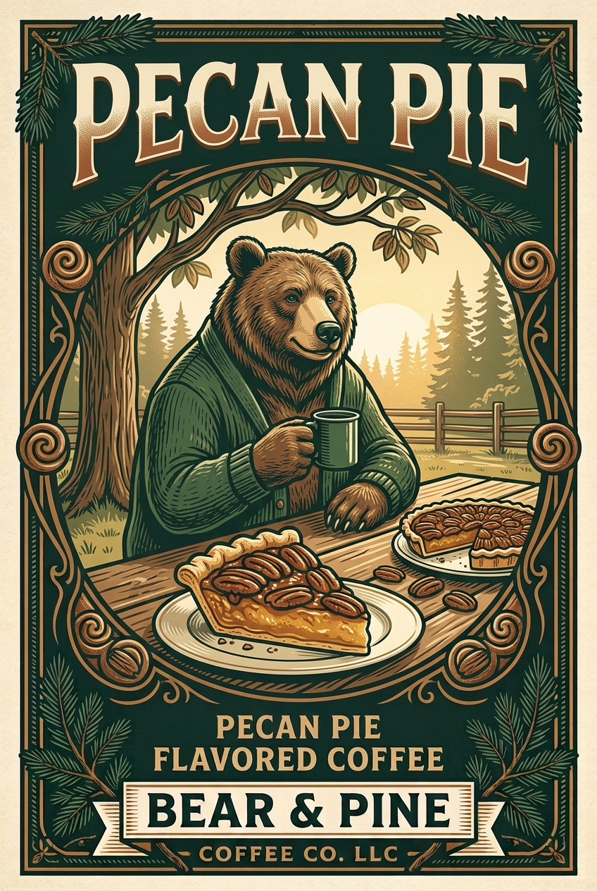 Bear & Pine Pecan Pie artwork featuring a bear drinking coffee at a woodland picnic table with pecan pie.