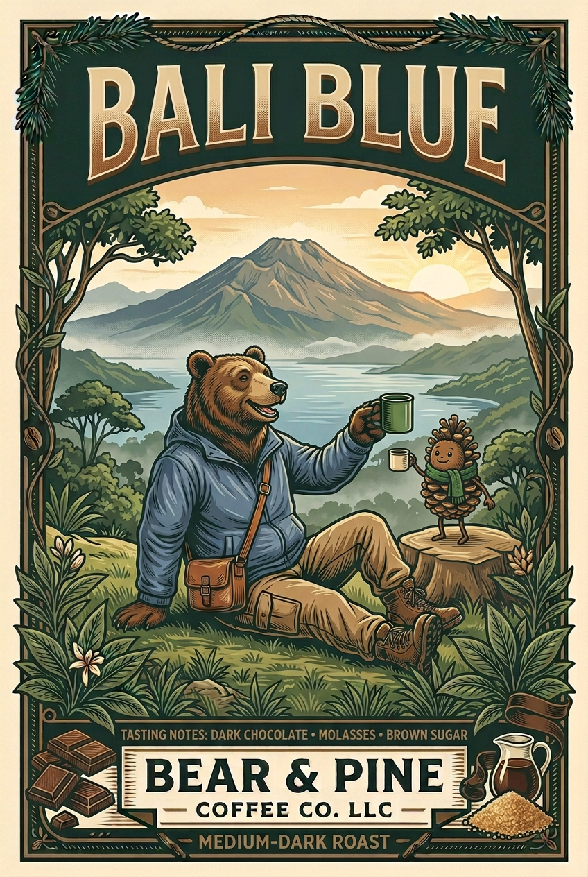 Bear & Pine Bali Blue medium-dark roast artwork featuring a bear and pinecone friend toasting coffee above a volcanic lake, with dark chocolate, molasses and brown sugar tasting-note illustrations.