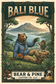 Bear & Pine Bali Blue medium-dark roast artwork featuring a bear and pinecone friend toasting coffee above a volcanic lake, with dark chocolate, molasses and brown sugar tasting-note illustrations.