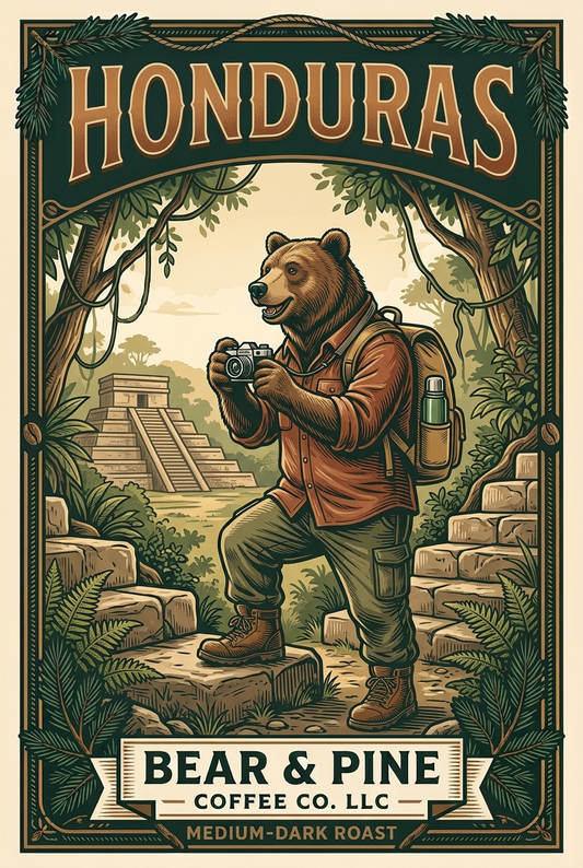 Bear & Pine Honduras medium-dark roast coffee artwork featuring a bear with a camera exploring ancient stone ruins surrounded by lush forest.