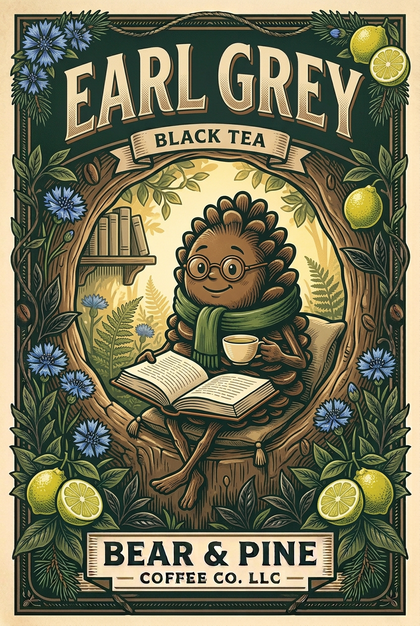 Pine wearing reading glasses with a book and teacup in a hollow-tree nook, framed by bergamot and blue cornflowers with Bear & Pine Earl Grey Black Tea lettering.