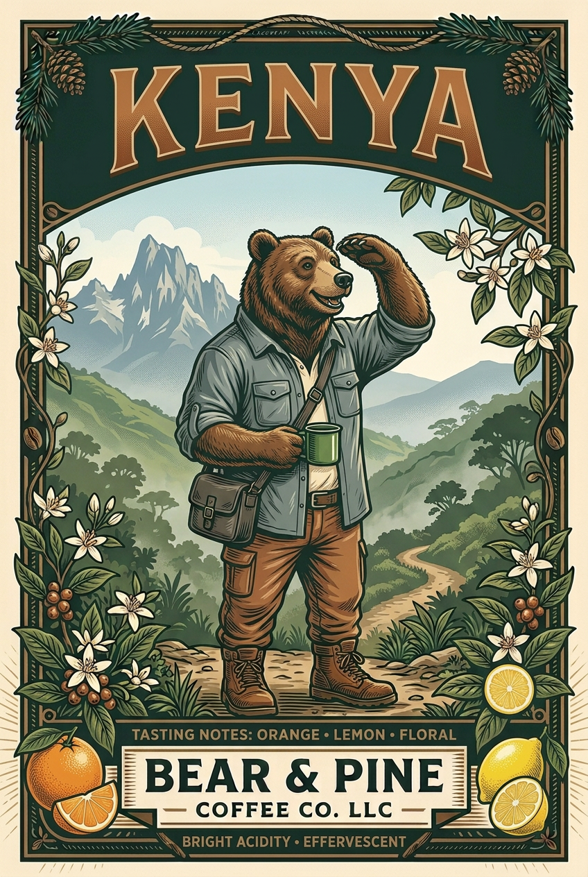 Bear & Pine Kenya coffee artwork featuring a bear surveying mountain peaks, framed by orange, lemon and floral tasting-note illustrations, with bright acidity and effervescent text.
