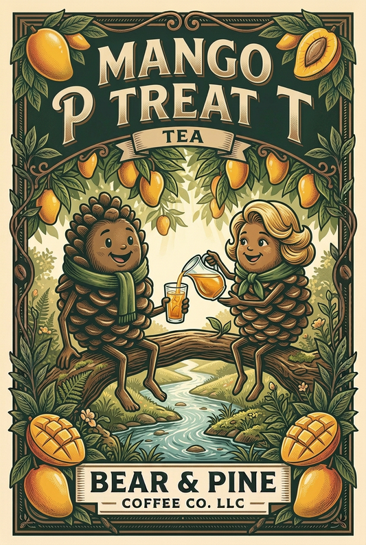 Lady Pine Cone with her blonde wavy bob pouring iced tea for hairless Pine beneath a mango tree, with Bear & Pine Mango Treat Tea lettering.
