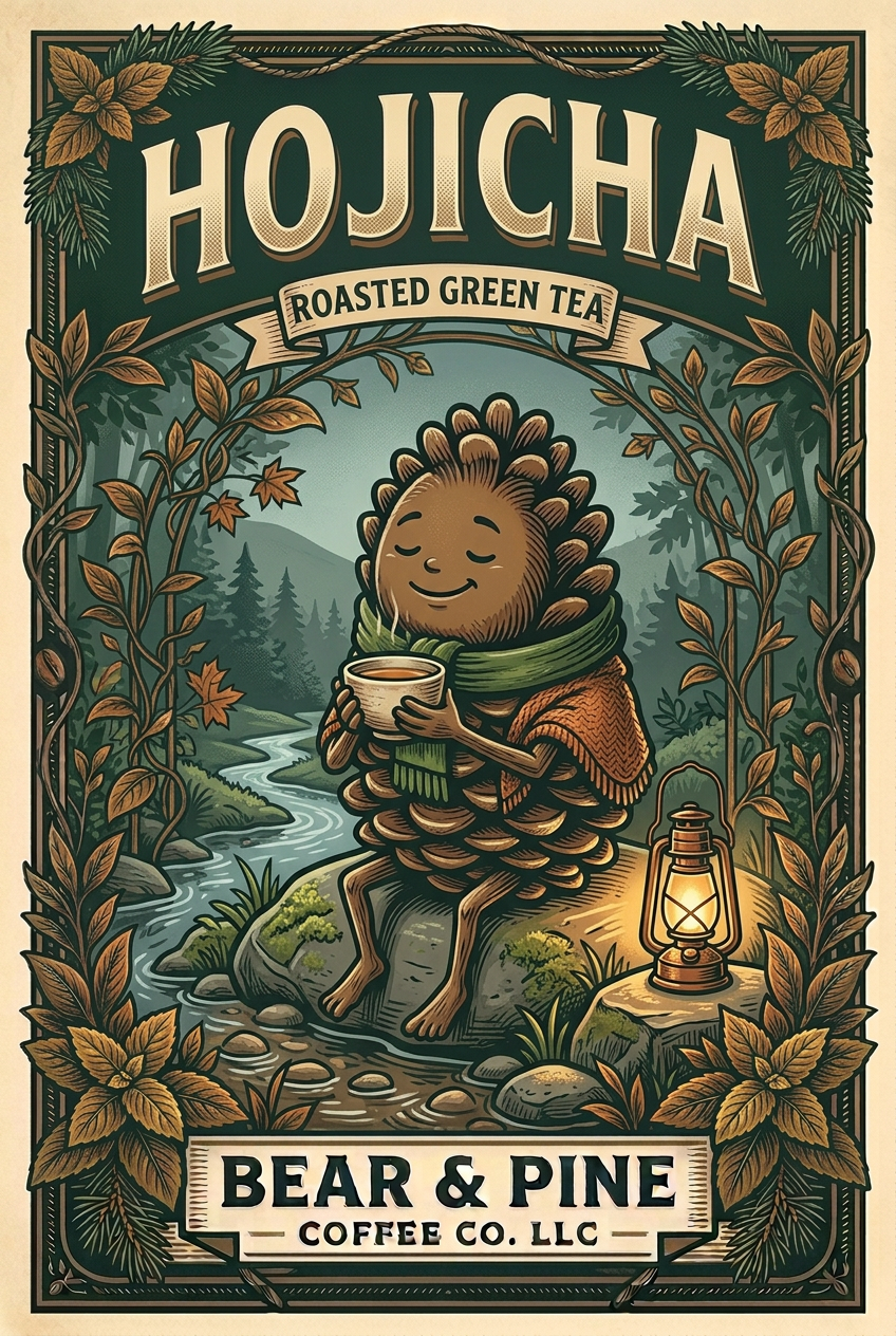 Pine holding a warm tea bowl beside a woodland stream and glowing lantern, with Bear & Pine Hojicha Roasted Green Tea lettering.