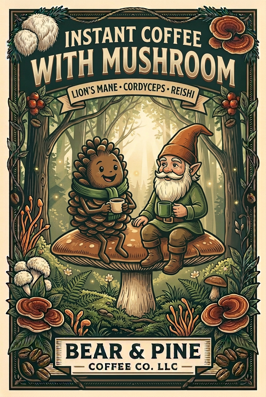 Pine and a woodland gnome sitting together on one mushroom enjoying coffee, framed by Lion’s Mane, Cordyceps and Reishi illustrations with Bear & Pine branding.