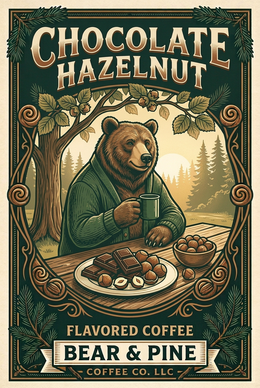Bear & Pine Chocolate Hazelnut artwork featuring a bear drinking coffee beneath a hazel tree, with chocolate and cracked hazelnuts on the table.