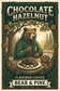 Bear & Pine Chocolate Hazelnut artwork featuring a bear drinking coffee beneath a hazel tree, with chocolate and cracked hazelnuts on the table.