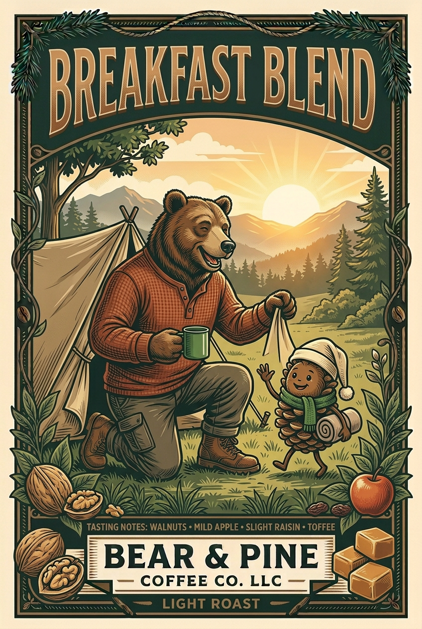 Bear & Pine Breakfast Blend light roast artwork featuring a bear greeting a sleepy pinecone friend outside a tent at sunrise, with walnut, apple, raisin and toffee tasting-note illustrations.