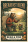 Bear & Pine Breakfast Blend light roast artwork featuring a bear greeting a sleepy pinecone friend outside a tent at sunrise, with walnut, apple, raisin and toffee tasting-note illustrations.