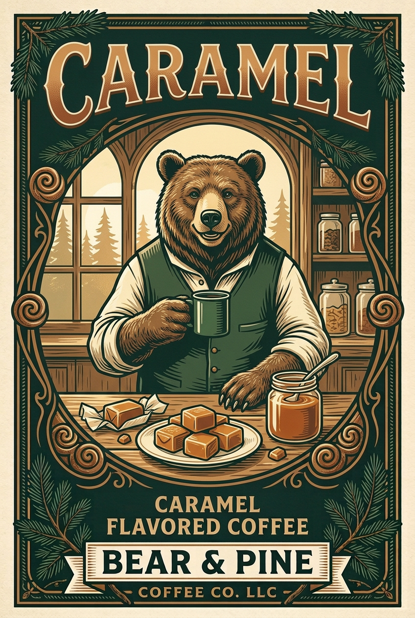Bear & Pine Caramel artwork featuring a bear holding coffee behind a woodland sweet-shop counter with caramel candies.