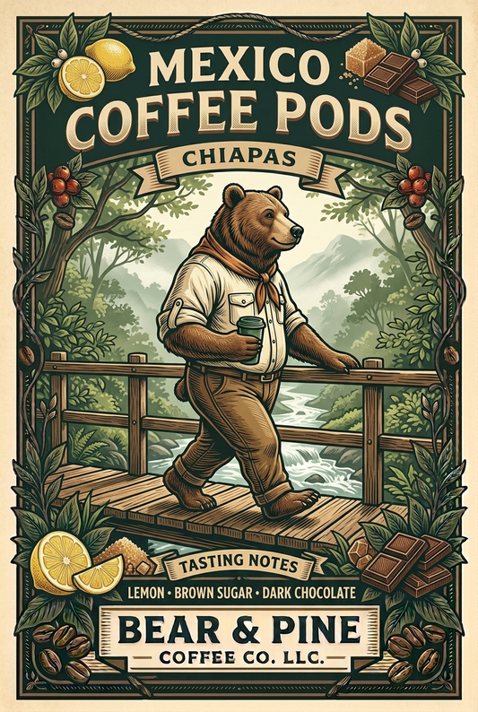 Bear crossing a woodland bridge in Chiapas, framed by lemon, brown sugar and dark chocolate tasting notes, with Bear & Pine Mexico Coffee Pods branding.