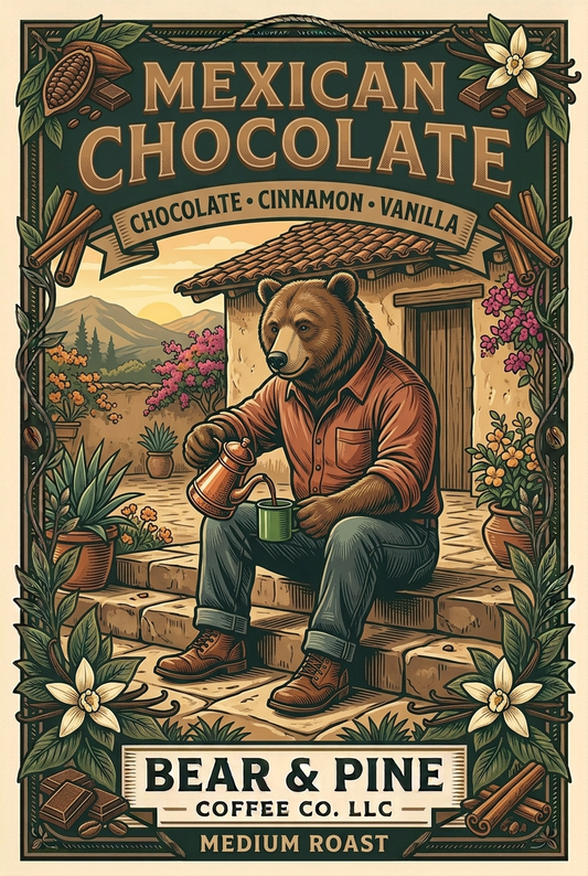 Bear & Pine Mexican Chocolate medium roast artwork with a bear pouring coffee in a sunny courtyard, framed by chocolate, cinnamon and vanilla illustrations.