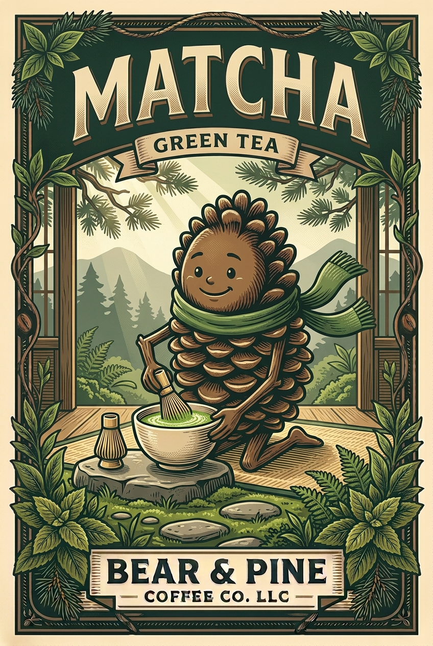Pine whisking green matcha in a cream bowl in a woodland pavilion, framed by tea leaves with Bear & Pine Matcha Green Tea lettering.