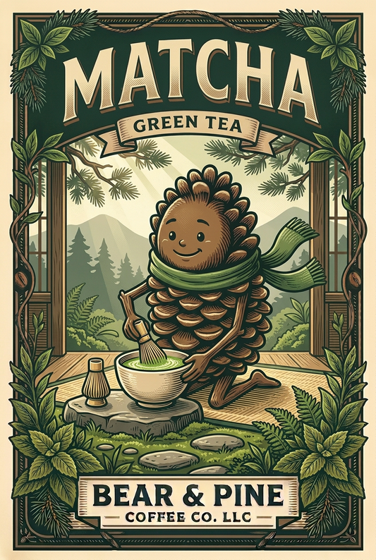Pine whisking green matcha in a cream bowl in a woodland pavilion, framed by tea leaves with Bear & Pine Matcha Green Tea lettering.